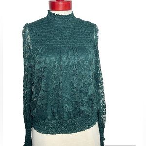 Cable And Gauge Hunter Green Mock Neck Sheer Long Sleeves Lace Floral Blouse, M